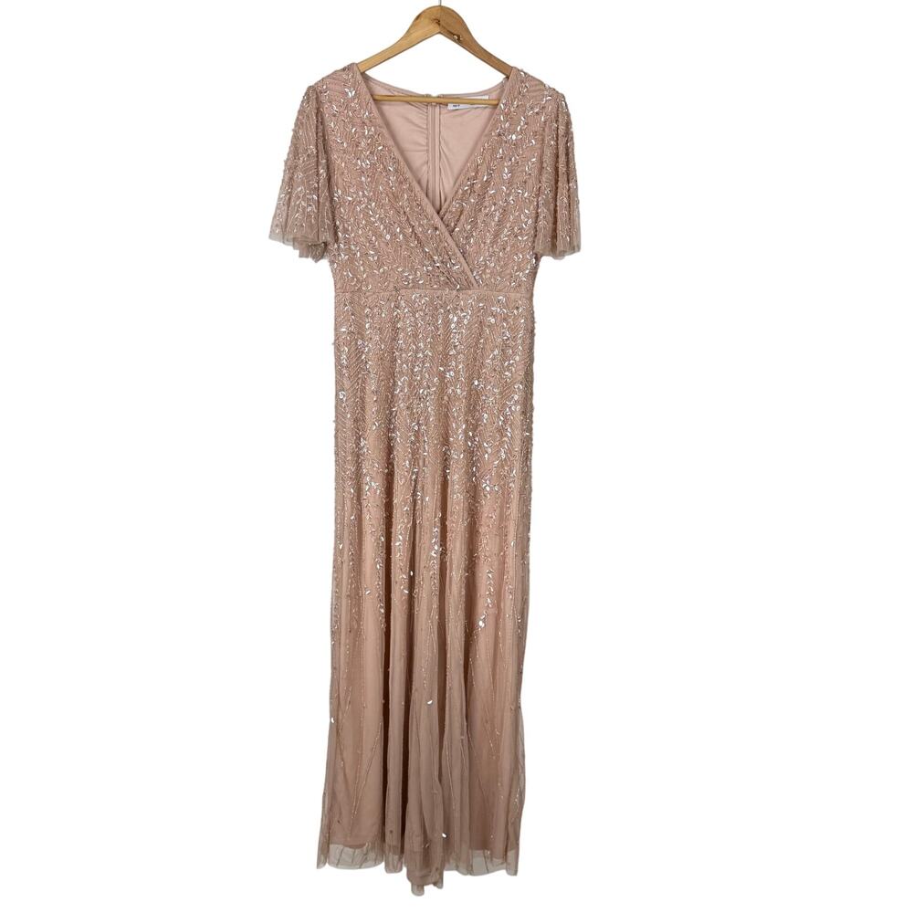 Mac Duggal NWT Pink Embellished Flutter Sleeve Gown Size 10 V-Neck Short Sleeve - Picture 3 of 10